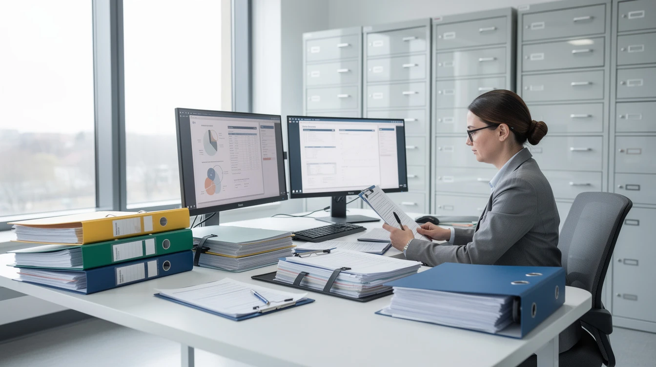 A professionally-dressed woman works at a desk with two monitors and stack of documents and binders.