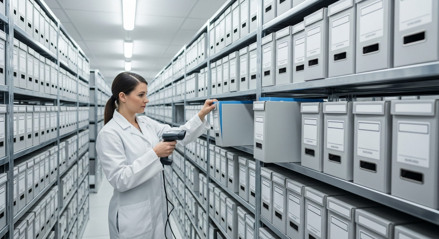 Healthcare records professional scanning and retrieving archived patient files from secure storage shelves.