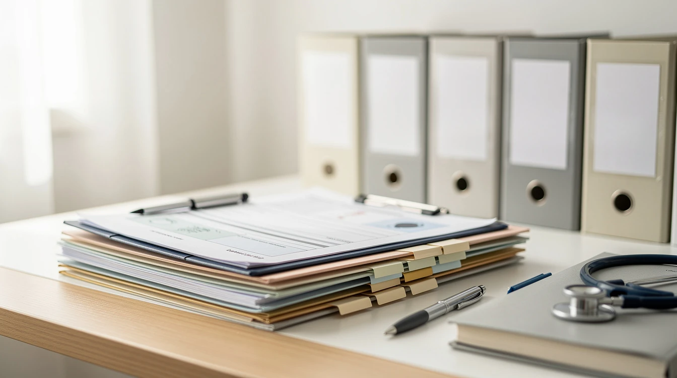 Stack of tabbed medical files and clipboard on a desk next to a stethoscope and row of binders
